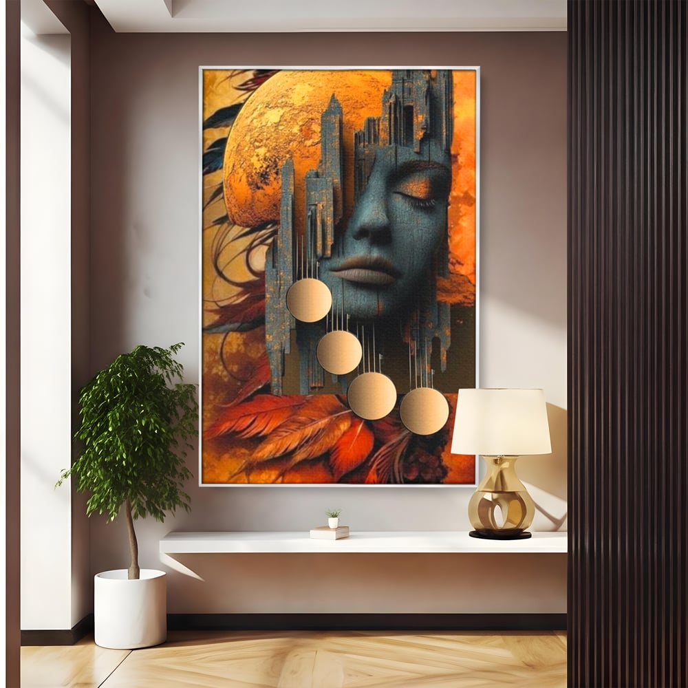 Tablou canvas cu tablou canvas cu chip de femeie si oras stilizat, in rama de aluminiu argintiu
